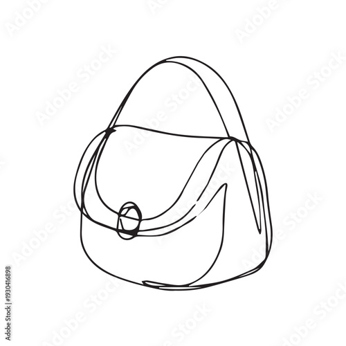 Hand drawn vector of a women’s handbag in black outline, simple sketch style expressing modern elegance and everyday fashion charm.