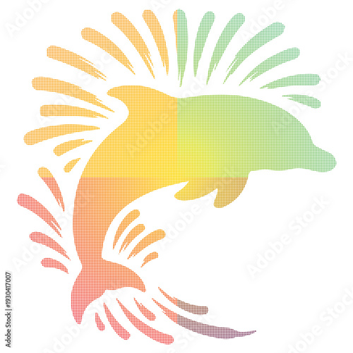 Colorful Gradient Halftone Fish Silhouette with Decorative Splash Vector Illustration.