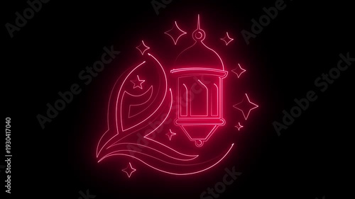 Neon Crescent Moon and Mosque Glow Animation on Dark Background for Islamic Greetings.
