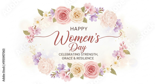 Happy Women's Day celebration with floral wreath and elegant text