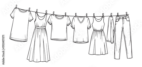 Clothesline silhouette with hanging clothes, laundry drying on rope silhouette vector.