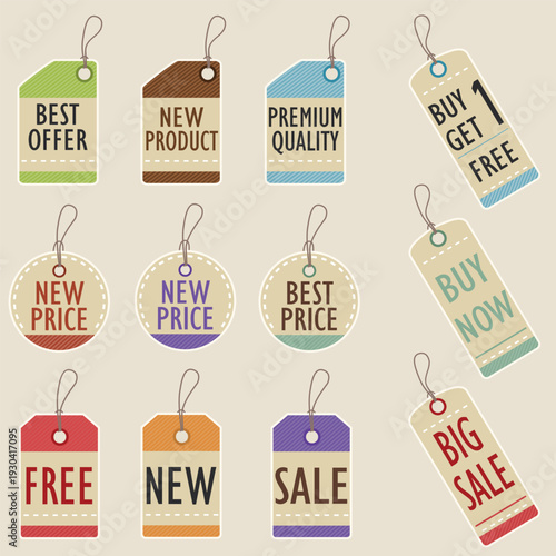 Assorted sale and price tags with text and patterns