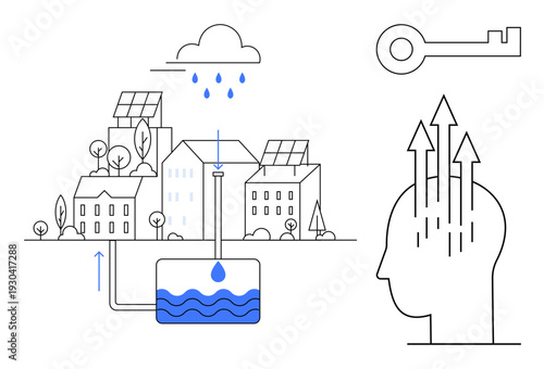 Sustainability concept. Sustainability with solar panels, water recycling, and urban eco-design. Sustainability promoting clean energy, water solutions, and smart urban living for green technologies