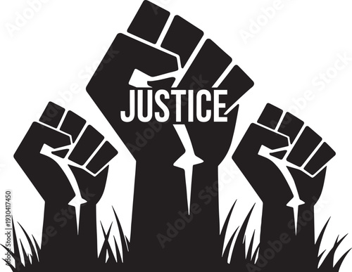 Raised fist justice protest symbol, black power activism silhouette with equality message design