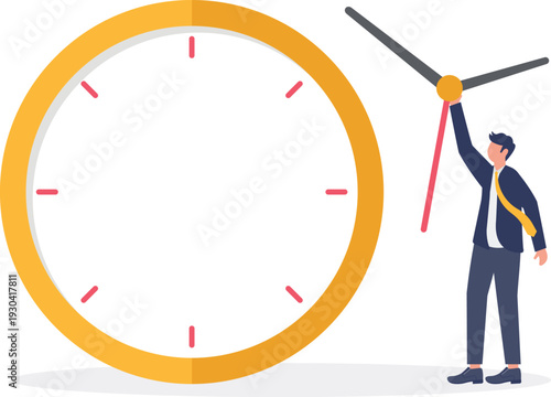 Businessman Standing Next to Giant Clock Adjusting Time Hands