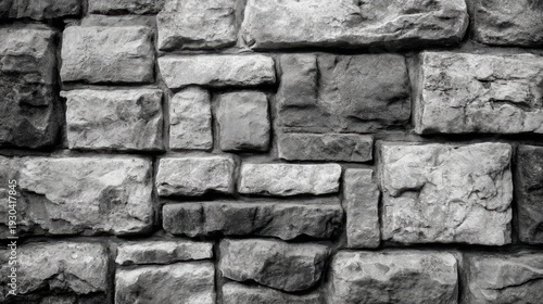 Textured Grey Stone Wall with Varying Shapes and Sizes of Stones for Background, Interior Design, or Architectural Use in Black and White