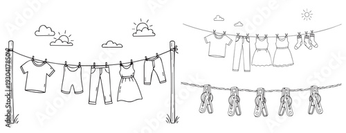 Continuous line drawing of set of men's t-shirts hanging.one line icon illustration with white background.