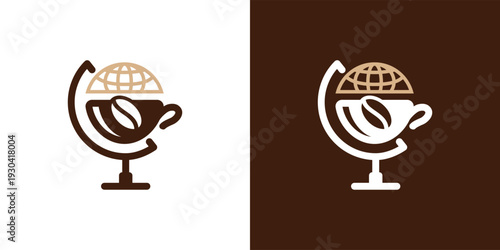 Coffee cup with coffee bean and globe logo design.