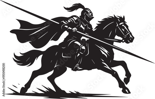 A dynamic black and white vector illustration of a medieval knight riding a horse and charging forward with a long spear, showcasing bravery and strength in a flat design style.