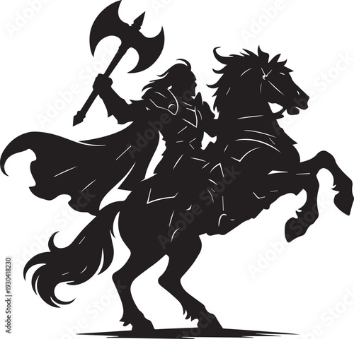 A dramatic black silhouette of a medieval knight riding a rearing horse, holding a large battle axe, set against a plain white background, evoking a sense of power and action.