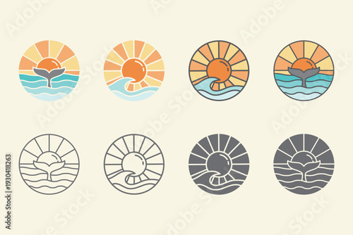 Whale tail sun and waves circular set ocean