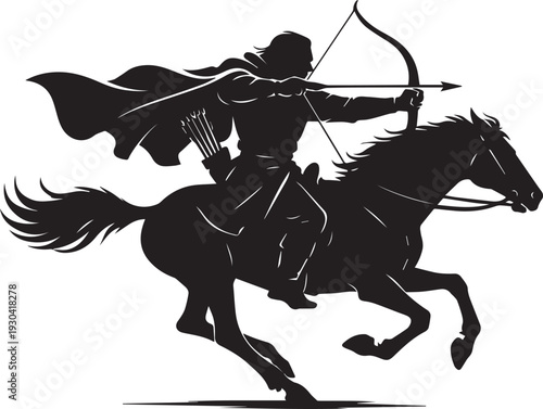 Vivid vector illustration of a lone archer riding a galloping horse, poised to fire an arrow, set against a clean white background, evoking a sense of action and adventure.