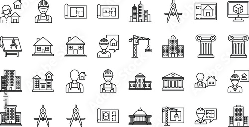 Architecture and Construction Line Icon Set with Engineer Blueprint Building Crane Column and Real Estate Symbols Vector Outline Collection