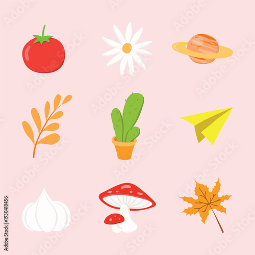 Collection of flat cartoon on pink background tomato