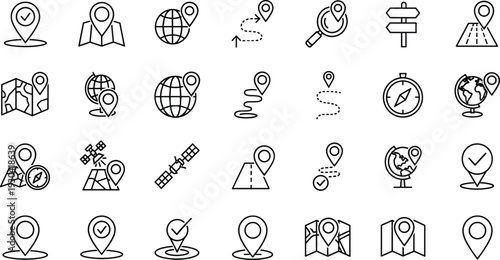 Navigation and Location Line Icon Set with Map Pin GPS Route Compass Globe and Destination Symbols Vector Outline Collection