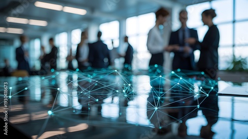 Business Team Meeting with Digital Network Overlay Representing Corporate Collaboration, Data Connectivity, Strategic Planning and Smart Office Innovation Concept