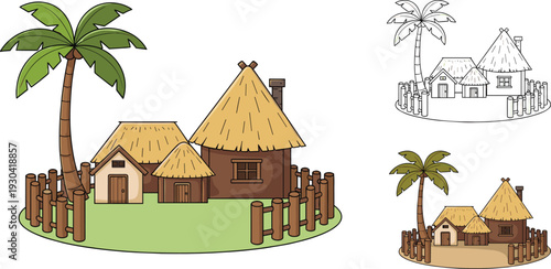 Tropical Village Vector Illustration Set Featuring Traditional Thatched Roof Huts with Wooden Fences and Palm Trees in Cartoon Style and Line Art on White Background