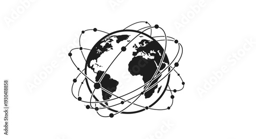 Black and white globe illustration.
