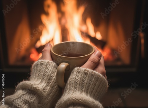 Cozy scene hands holding warm mug of steaming tea in front of a crackling fireplace wearing a thick woolen sweater autumn or winter comfort and relaxation
