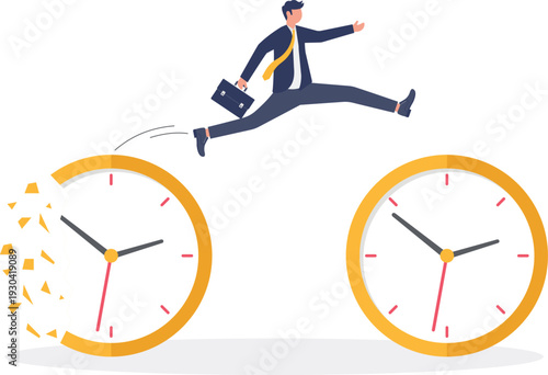 Businessman Jumping from Broken Clock to New Working Clock