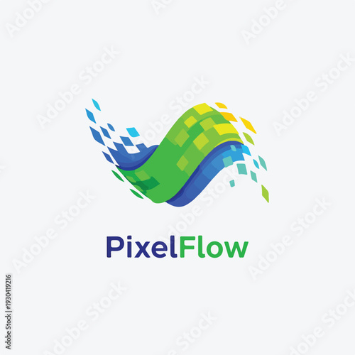 A flowing, abstract design in shades of blue, green, and yellow pixels