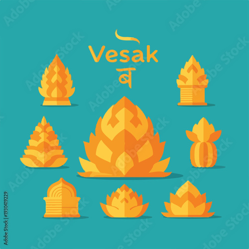 Stylized, geometric illustrations of Buddhist decorative forms, in orange tones