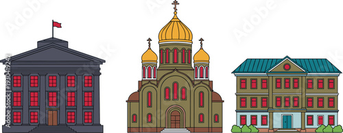 Architectural building illustration set featuring classical government courthouse, ornate Orthodox church with domes, and residential community building in 