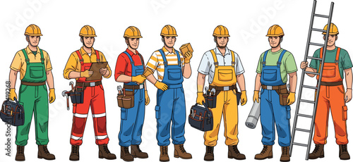 Professional Construction Workers Team Set with Safety Helmets Tools Ladder and Uniforms Industrial Builder Character Vector Illustration Collection
