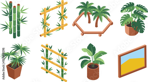 Isometric tropical plant set with bamboo, palm trees and potted leaves, decorative botanical vector icons isolated on white background
