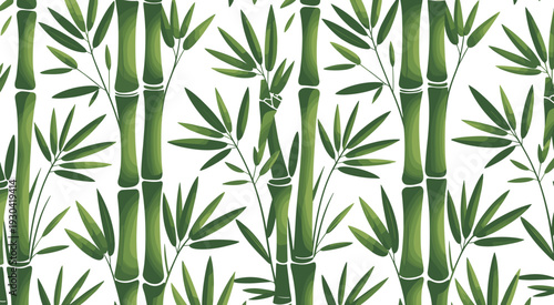 Seamless bamboo pattern design, green tropical leaves and stems background, botanical repeating texture for fabric wallpaper and surface decor