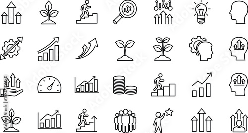 Business Growth and Personal Development Line Icon Set with Success Strategy Leadership Progress and Investment Symbols Vector Outline Collection