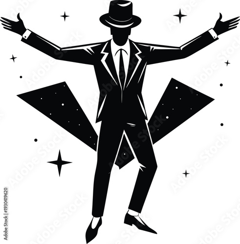 man in a suit and hat dancing under a starry sky. The illustration is in black and white, with bold lines and geometric shapes