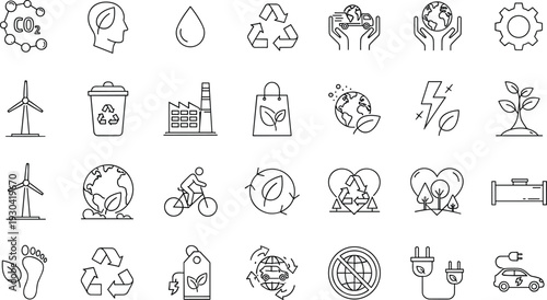 Eco Friendly and Sustainability Line Icon Set with Recycling Renewable Energy CO2 Reduction and Green Environment Symbols Vector Outline Collection