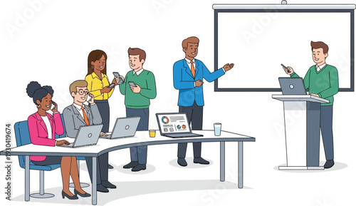 Attendees use smartphones and laptops during corporate seminar with blank.