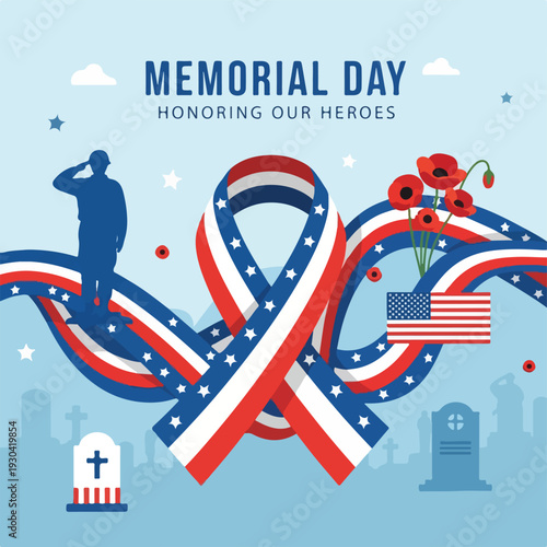 Patriotic ribbon honoring heroes. Poppies, flag, soldier silhouette, and headstones