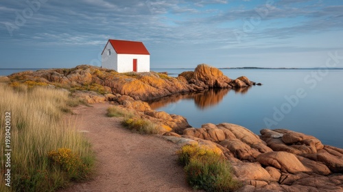 Tranquil Coastal Scene with White House on Rocky Shoreline Under Blue Sky and Soft Clouds in Serene Early Morning Light