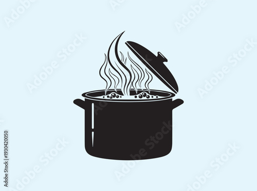 Simple vector silhouette of a cooking pot with bubbles and steam for menu design