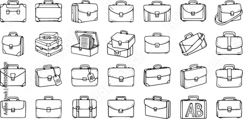 Hand-Drawn Briefcase and Suitcase Icon Set. Collection of Business Bags and Travel Luggage Sketches in Black and White Doodle Style.