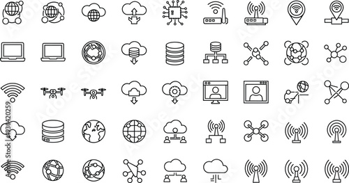 Cloud Computing and Network Technology Line Icon Set with WiFi Server Database Router Global Connection and IoT Symbols Vector Outline Collection