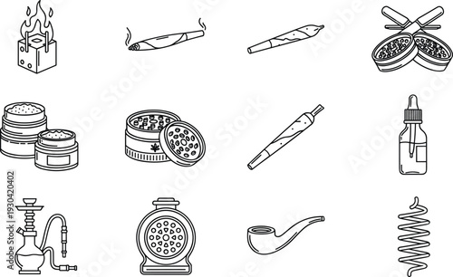 Smoking Accessories and Tobacco Line Icon Set with Grinder Rolling Paper Hookah Vape Pipe and Lighter Vector Outline Collection