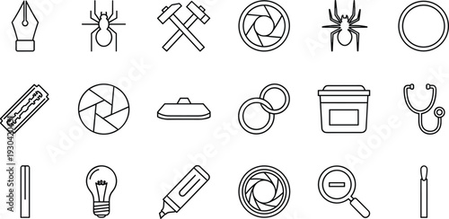 Creative Photography and Design Line Icon Set with Camera Aperture Lightbulb Razor Blade Tools and Medical Symbols Vector Outline Collection