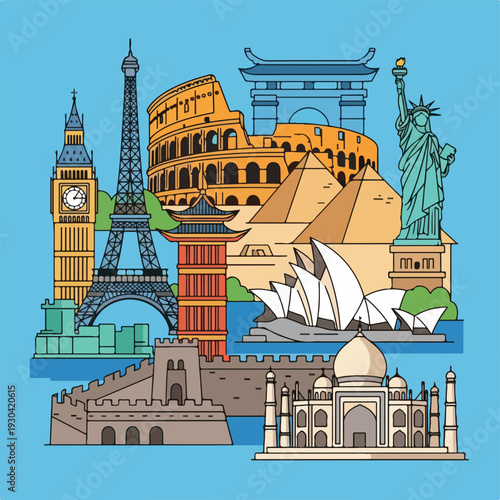 A colorful illustration features global landmarks like the Eiffel Tower and Statue of Liberty