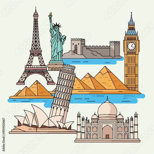 A colorful illustration features various landmarks from around the world