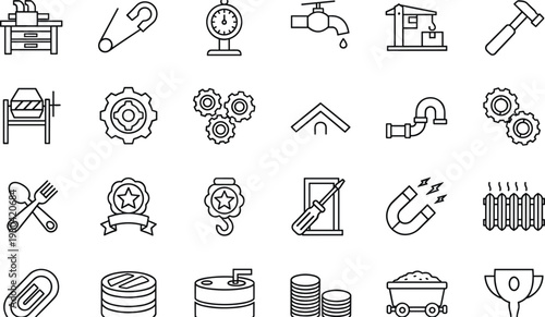 Industry and Manufacturing Line Icon Set with Factory Tools Gears Equipment Mining Cart Faucet and Construction Symbols Vector Outline Collection