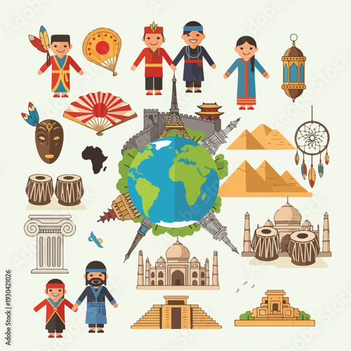 A colorful illustration showcasing global landmarks, people, and cultural elements