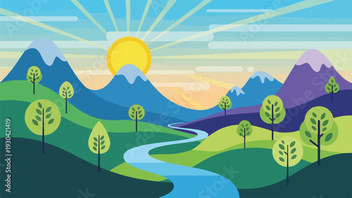 A geometric illustration of a sunrise over a mountainous landscape