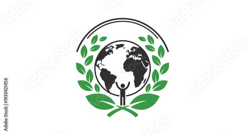 Earth Globe with Green Leaves Emblem.