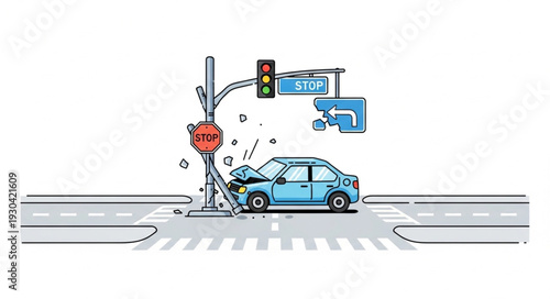 Car Crash into Traffic Light.