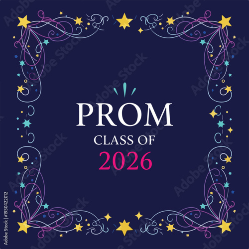 Prom announcement with decorative stars, swirls, and the year 2026