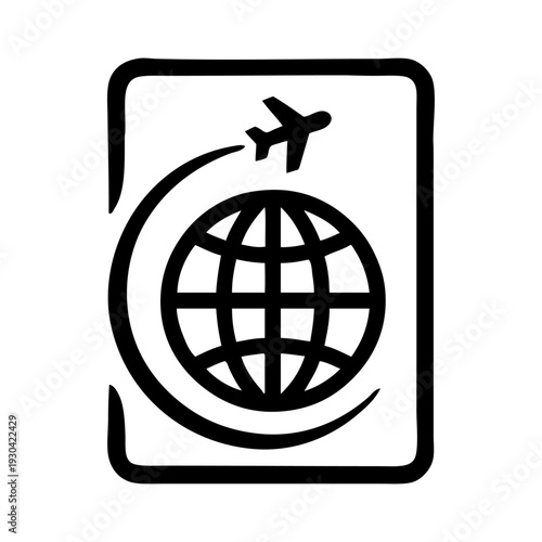 Logo agencia de viajes. Dibujo sencillo con líneas de un avión alrededor de un globo terráqueo en el interior de un cuadrado 